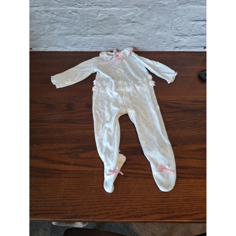 Baby Girls White Floral Footed Sleeper Ruffle Collar Pink Bows One Piece Pajamas